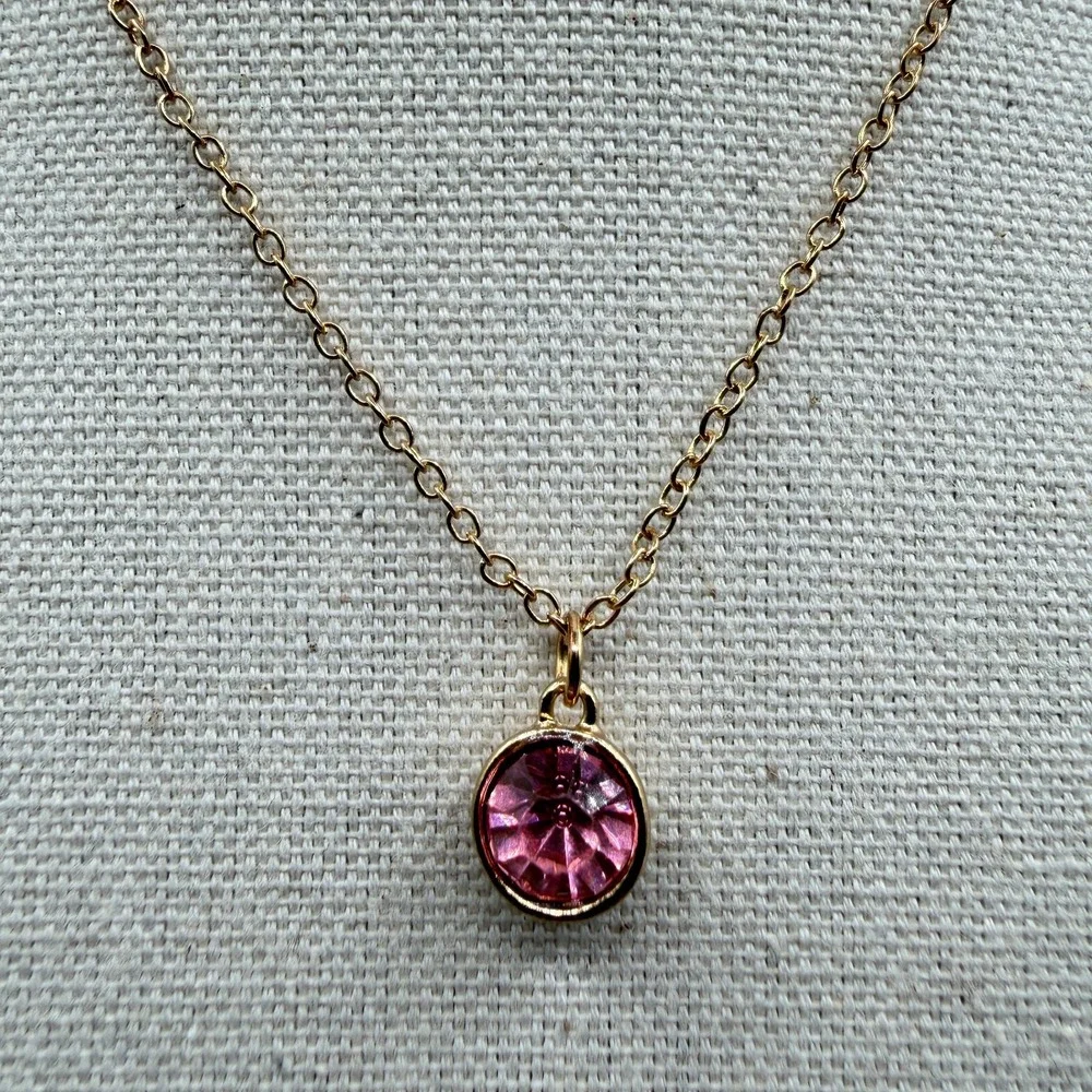 Gold Tone Pink Rhinestone Pendant Necklace Round Crystal Adjustable Chain Gift